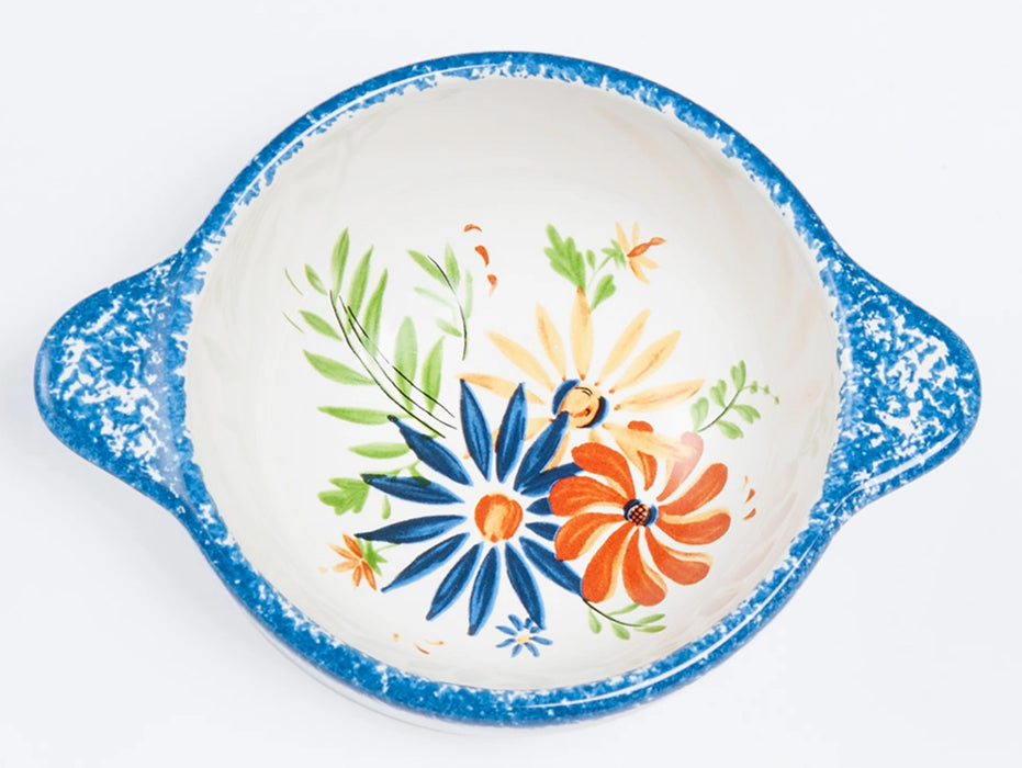 Bol à oreilles épongé bleu décor Jardin fleuri